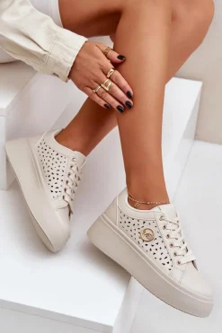 Damskie Boto Ażurowe Sneakersy Ze Złotym Detalem Beżowe Cassildi