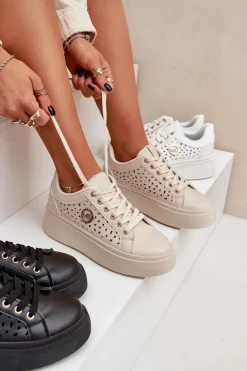 Damskie Boto Ażurowe Sneakersy Ze Złotym Detalem Beżowe Cassildi