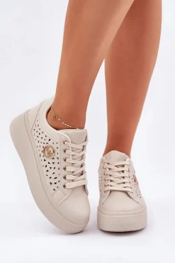 Damskie Boto Ażurowe Sneakersy Ze Złotym Detalem Beżowe Cassildi