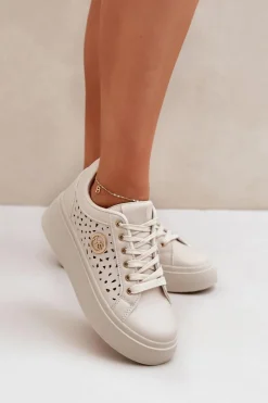 Damskie Boto Ażurowe Sneakersy Ze Złotym Detalem Beżowe Cassildi