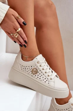 Damskie Boto Ażurowe Sneakersy Ze Złotym Detalem Beżowe Cassildi
