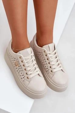 Damskie Boto Ażurowe Sneakersy Ze Złotym Detalem Beżowe Cassildi