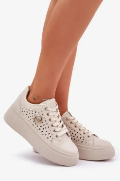 Damskie Boto Ażurowe Sneakersy Ze Złotym Detalem Beżowe Cassildi