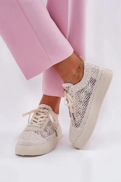 Damskie Boto Ażurowe Tenisówki Damskie Na Platformie Jasnobeżowe Aranelith