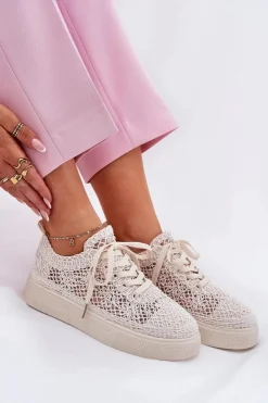 Damskie Boto Ażurowe Tenisówki Damskie Na Platformie Jasnobeżowe Aranelith