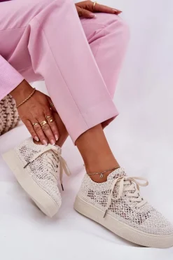 Damskie Boto Ażurowe Tenisówki Damskie Na Platformie Jasnobeżowe Aranelith