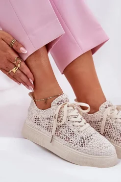 Damskie Boto Ażurowe Tenisówki Damskie Na Platformie Jasnobeżowe Aranelith
