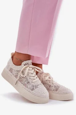 Damskie Boto Ażurowe Tenisówki Damskie Na Platformie Jasnobeżowe Aranelith