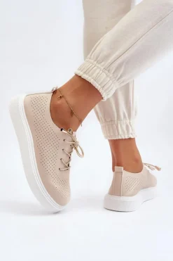 Sale Boto Ażurowe Trampki Damskie Beżowe Unassemia