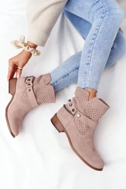 Damskie Boto Ażurowe Wiosenne Botki Lewski Shoes 2905-0 Beżowe