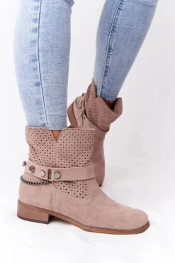 Damskie Boto Ażurowe Wiosenne Botki Lewski Shoes 2905-0 Beżowe