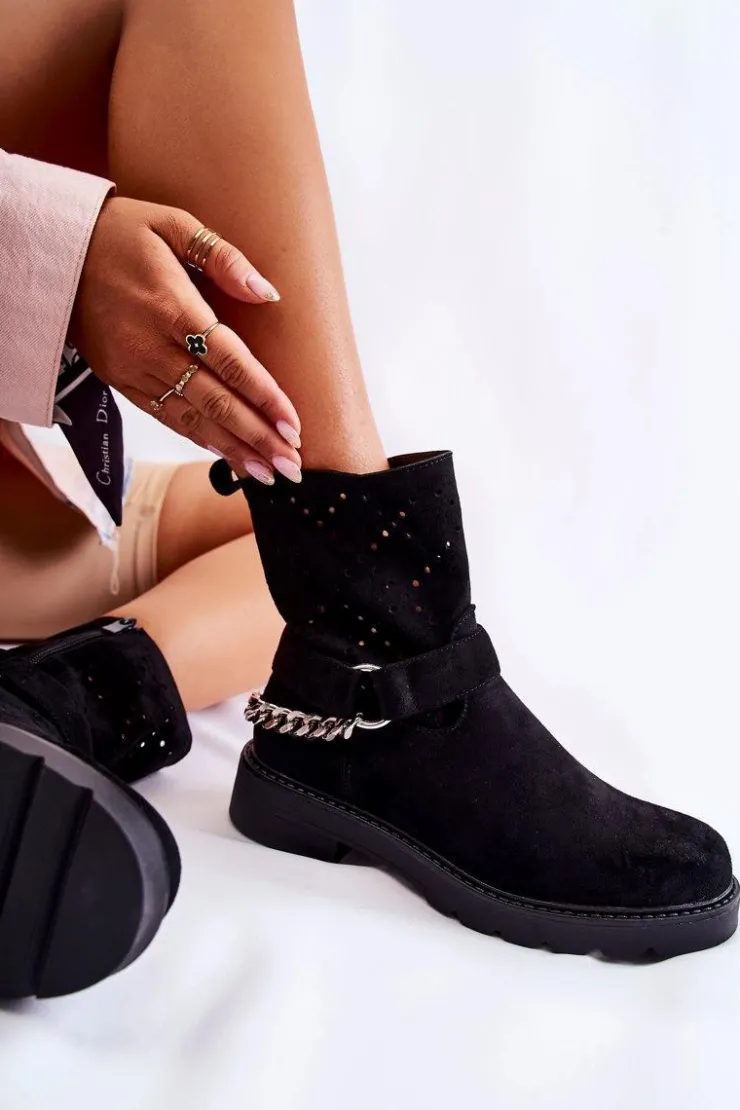 Boto Botki Wiosenne|Czarne Botki*Ażurowe Wiosenne Botki Na Suwak Z Łańcuchem Czarne Chantelle Czarny