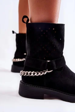 Boto Botki Wiosenne|Czarne Botki*Ażurowe Wiosenne Botki Na Suwak Z Łańcuchem Czarne Chantelle Czarny