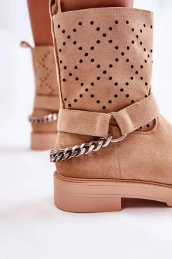 Discount Boto Ażurowe Wiosenne Botki Na Suwak Z Łańcuchem Beżowe Chantelle Beżowy