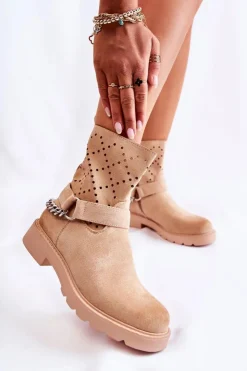 Discount Boto Ażurowe Wiosenne Botki Na Suwak Z Łańcuchem Beżowe Chantelle Beżowy