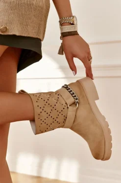 Discount Boto Ażurowe Wiosenne Botki Na Suwak Z Łańcuchem Beżowe Chantelle Beżowy