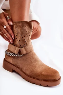 Clearance Boto Ażurowe Wiosenne Botki Na Suwak Z Łańcuchem Brązowe Chantelle