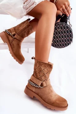 Clearance Boto Ażurowe Wiosenne Botki Na Suwak Z Łańcuchem Brązowe Chantelle
