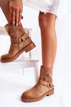 Clearance Boto Ażurowe Wiosenne Botki Na Suwak Z Łańcuchem Brązowe Chantelle