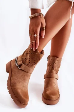 Clearance Boto Ażurowe Wiosenne Botki Na Suwak Z Łańcuchem Brązowe Chantelle