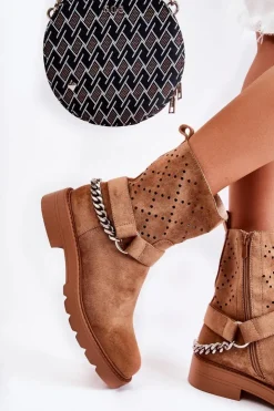 Clearance Boto Ażurowe Wiosenne Botki Na Suwak Z Łańcuchem Brązowe Chantelle