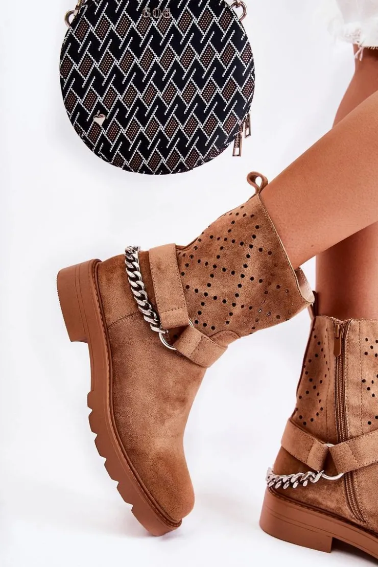Clearance Boto Ażurowe Wiosenne Botki Na Suwak Z Łańcuchem Brązowe Chantelle