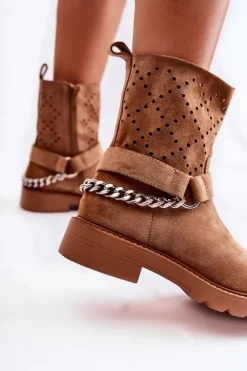 Clearance Boto Ażurowe Wiosenne Botki Na Suwak Z Łańcuchem Brązowe Chantelle