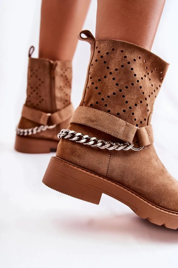 Clearance Boto Ażurowe Wiosenne Botki Na Suwak Z Łańcuchem Brązowe Chantelle