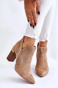Damskie Boto Ażurowe Zamszowe Botki Na Obcasie Beżowe Leanna