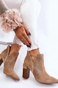 Damskie Boto Ażurowe Zamszowe Botki Na Obcasie Beżowe Leanna