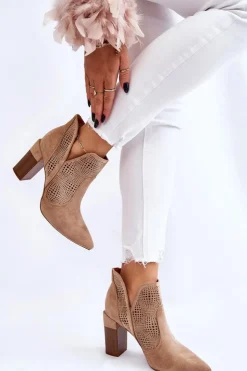 Damskie Boto Ażurowe Zamszowe Botki Na Obcasie Beżowe Leanna