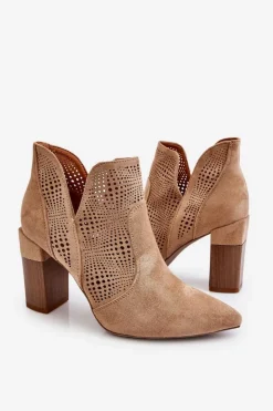 Damskie Boto Ażurowe Zamszowe Botki Na Obcasie Beżowe Leanna