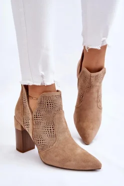 Damskie Boto Ażurowe Zamszowe Botki Na Obcasie Beżowe Leanna