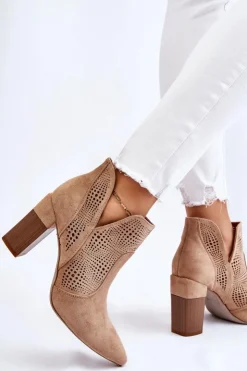 Damskie Boto Ażurowe Zamszowe Botki Na Obcasie Beżowe Leanna