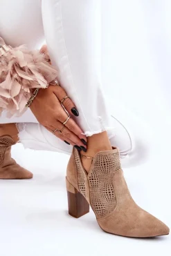 Damskie Boto Ażurowe Zamszowe Botki Na Obcasie Beżowe Leanna