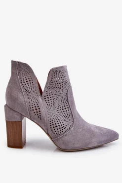 Outlet Boto Ażurowe Zamszowe Botki Na Obcasie Szare Leanna