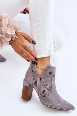Outlet Boto Ażurowe Zamszowe Botki Na Obcasie Szare Leanna