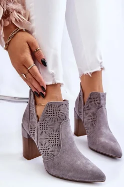 Outlet Boto Ażurowe Zamszowe Botki Na Obcasie Szare Leanna