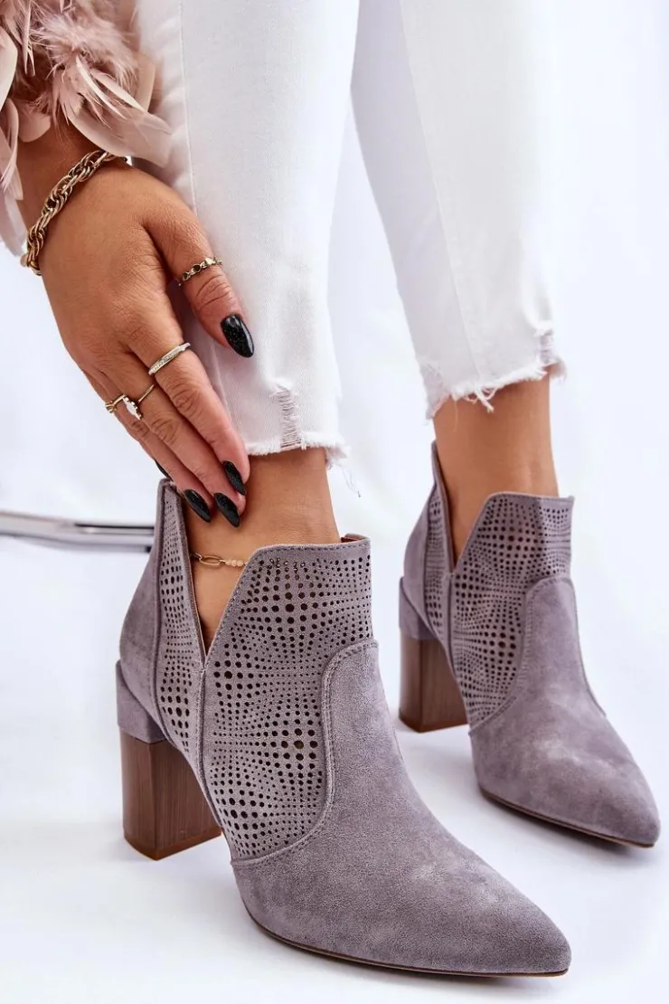 Outlet Boto Ażurowe Zamszowe Botki Na Obcasie Szare Leanna
