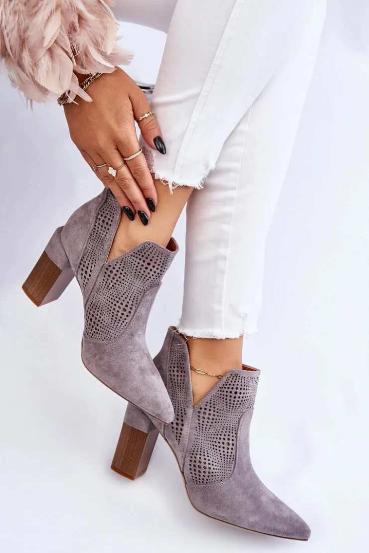 Outlet Boto Ażurowe Zamszowe Botki Na Obcasie Szare Leanna