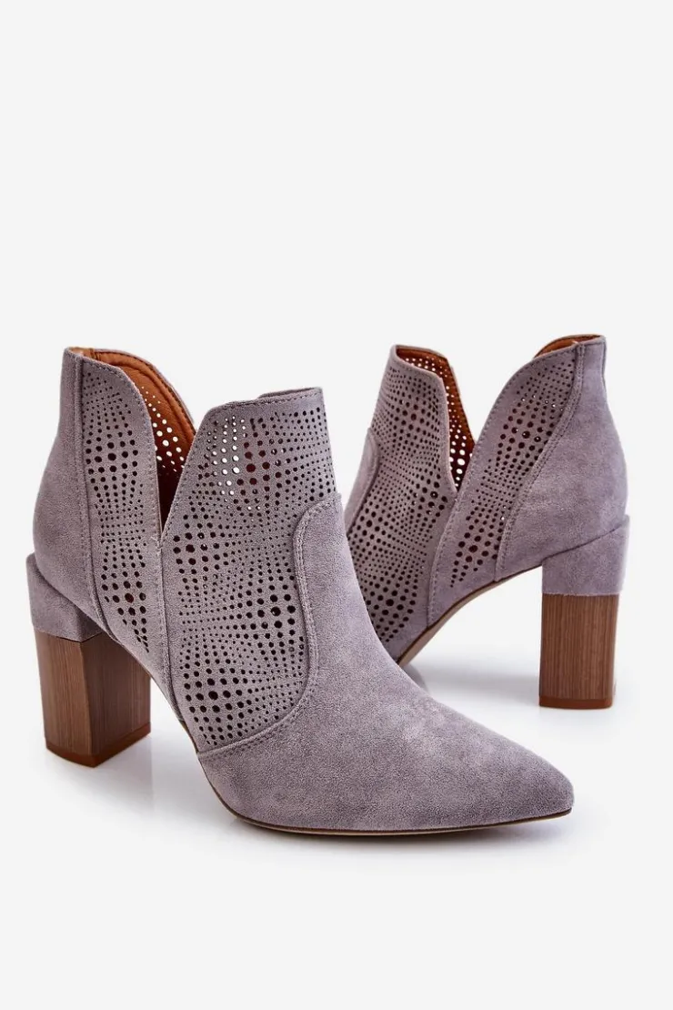 Outlet Boto Ażurowe Zamszowe Botki Na Obcasie Szare Leanna