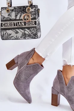 Outlet Boto Ażurowe Zamszowe Botki Na Obcasie Szare Leanna