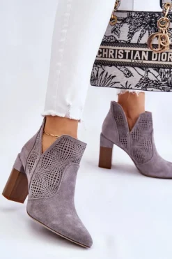Outlet Boto Ażurowe Zamszowe Botki Na Obcasie Szare Leanna