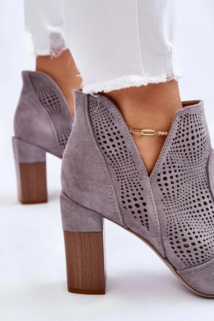 Outlet Boto Ażurowe Zamszowe Botki Na Obcasie Szare Leanna