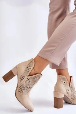 Damskie Boto Ażurowe Zamszowe Botki Na Obcasie Jasnobeżowe Leanna