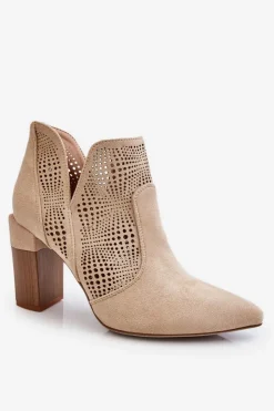 Damskie Boto Ażurowe Zamszowe Botki Na Obcasie Jasnobeżowe Leanna