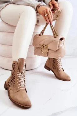 Boto Botki Wiosenne|Botki Sznurowane*Ażurowe Zamszowe Botki Wiązane Nicole Camel 2696