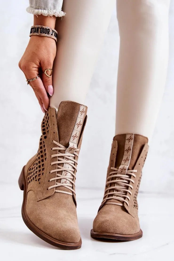Boto Botki Wiosenne|Botki Sznurowane*Ażurowe Zamszowe Botki Wiązane Nicole Camel 2696