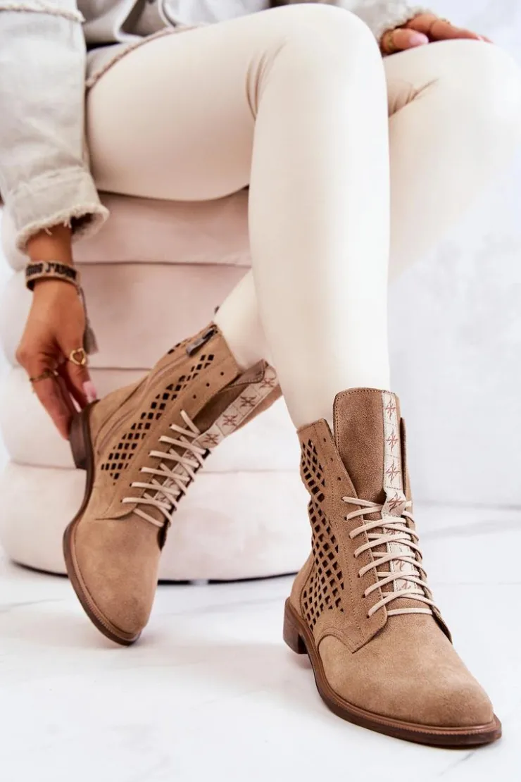 Boto Botki Wiosenne|Botki Sznurowane*Ażurowe Zamszowe Botki Wiązane Nicole Camel 2696