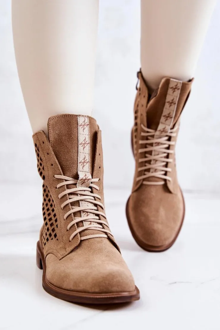 Boto Botki Wiosenne|Botki Sznurowane*Ażurowe Zamszowe Botki Wiązane Nicole Camel 2696